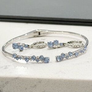 Givenchy Silver-Tone Blue Stone Scatter Cluster Bangle Bracelet & Earrings Set